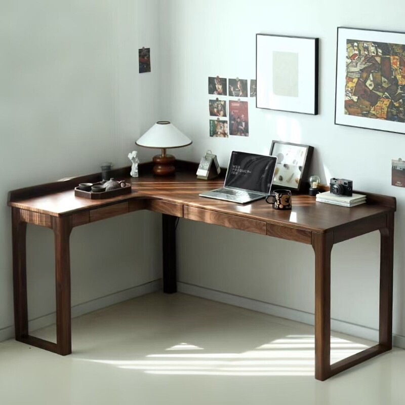 Solid Wood Black Walnut Corner Desk, Pure Oak Computer Desk, L-Shaped Corner Computer Desk with Drawers, Bay Window Corner Computer Desk