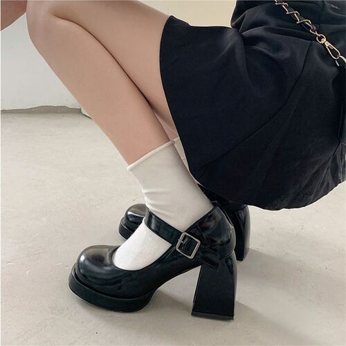 Waterproof platform casual black leather pumps with elegant French one-piece buckle Mary Jane shoes for women