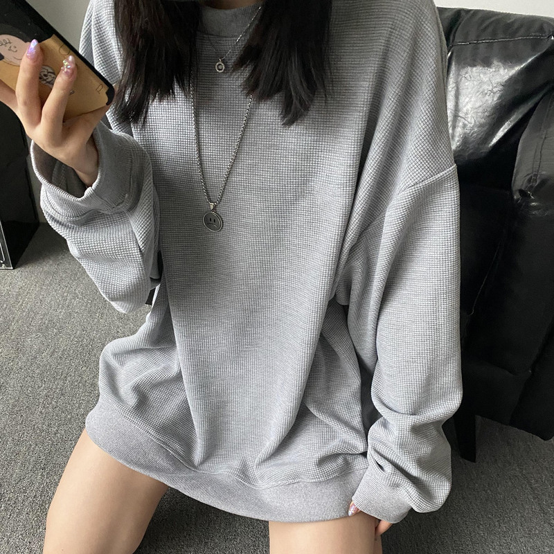 华夫格长袖卫衣女薄款秋季宽松大码显瘦小众设计感外套女装上衣|undefined