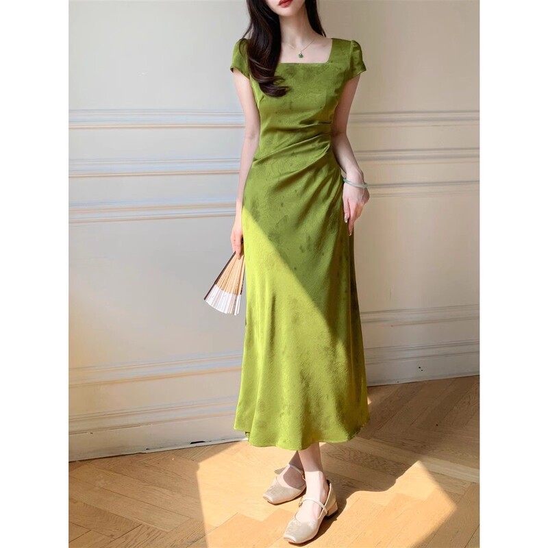 Brother's Mall Same Style Women's 2025 Summer Bias-Cut Emerald Green Elegant Satin Jacquard Square Neck Short-Sleeve Dress