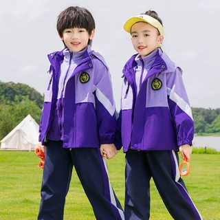 2023秋冬新款儿童中大童冲锋衣学生校服两件套可拆卸一二年级紫色