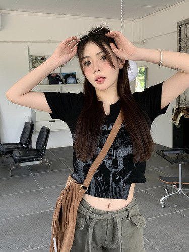 Milk Silk American Retro Short Sleeve T-Shirt for Women Summer Asymmetrical Design Pure Desire Seductive Short Fashion Top