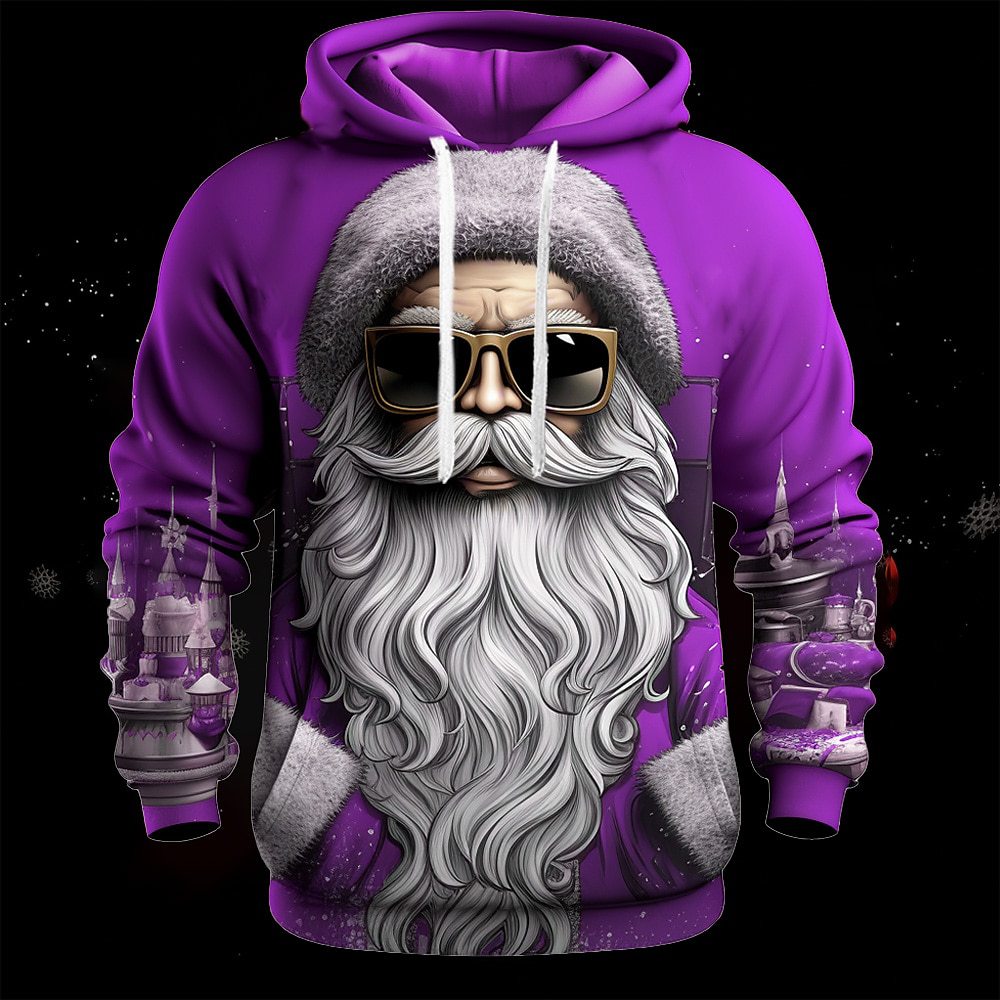 Sweat-shirt à capuche avec cordon de serrage et poche plaquée pour homme, vêtement ample pour le printemps et l'automne, impression 3D amusante du Père Noël_voghion.com