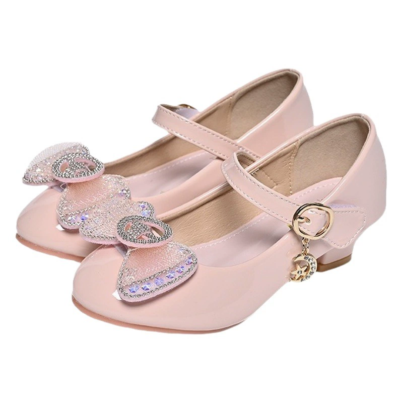 Детские кожаные туфли для девочек, туфли-лодочки на каблуке в корейском стиле для весны и осени, детские туфли с кристаллами для выступлений, обувь для девочек постарше