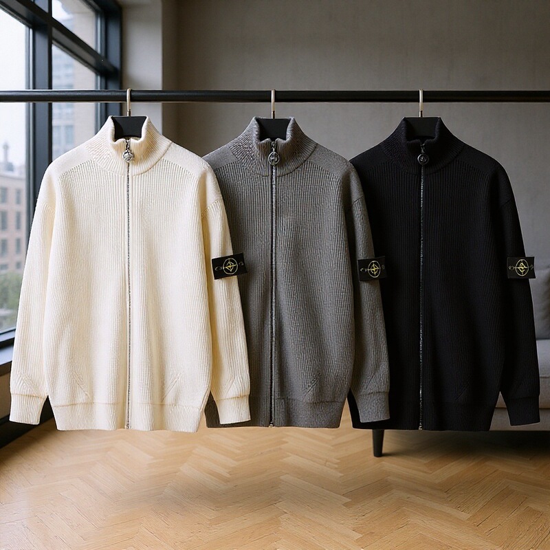 Stone Cross-Border Compass Patch Zipper Open-Front Stand Collar Knit Sweater Versatile Simple Unisex Jacket Stone Cross-Border Compass Patch Zipper Open-Front Stand Collar Knit Sweater Versatile Simple Unisex Jacket
