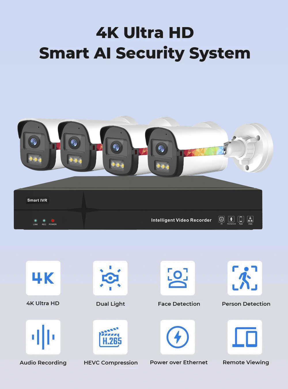 POE Ağ Beyaz Işık Tam Renkli Gece Görüş Gözetleme Kamera Seti HD Kamera CCTV İzleme Sistemi