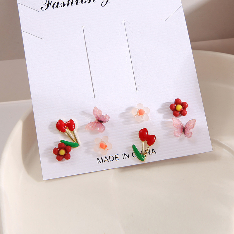 1 Set Sweet Flower Butterfly Resin Metal Enamel Women's Earrings display picture 5