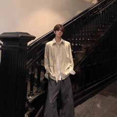 简约百搭老钱风高级感纯色假两件长袖衬衫男宽松休闲通勤垂感衬衣