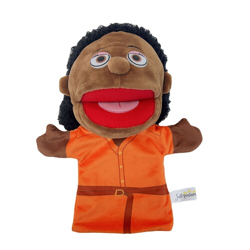 A black family finger puppet toy for kindergarten storytelling, with an interactive mouth movement plush toy.