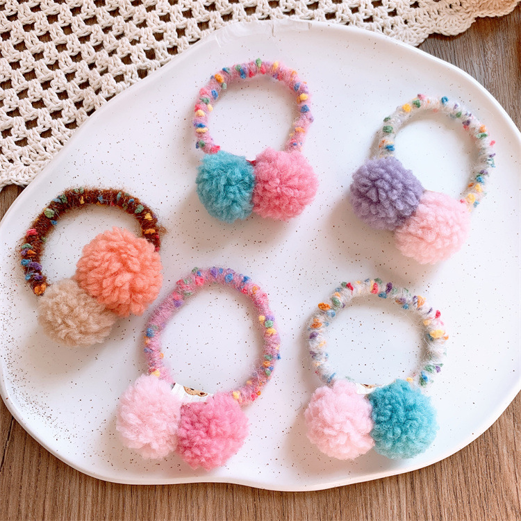 秋冬新款兒童羊羔毛球發圈少女心彩色毛線發繩扎馬尾皮筋頭繩髮飾