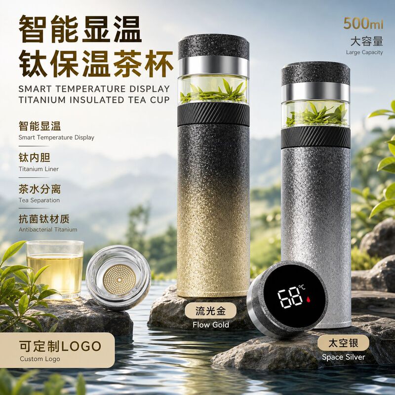 Temperature-Sensitive Titanium-Coated Thermos Cup, Tea-Water Separation Antibacterial Titanium Water Cup, Business Office Coffee Cup, Titanium Thermos Water Cup