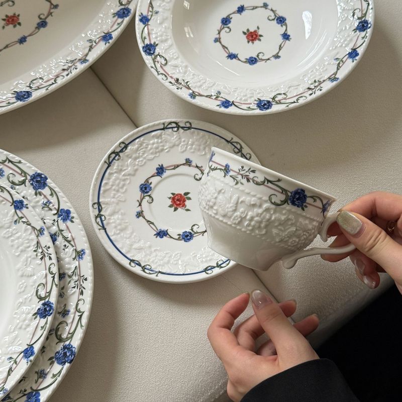 法式 中古假日浪漫玫瑰庄园浮雕花卉陶瓷盘甜品盘汤盘餐具套装|undefined