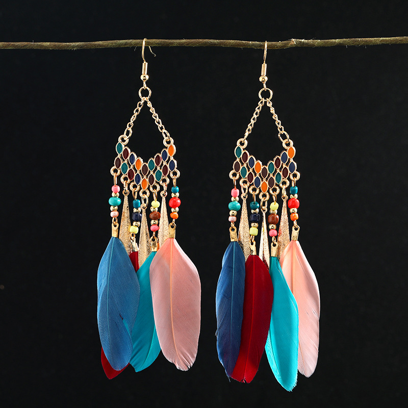 1 Pair Chinoiserie Ethnic Style Classic Style Water Droplets Tassel Alloy Feather Drop Earrings display picture 12
