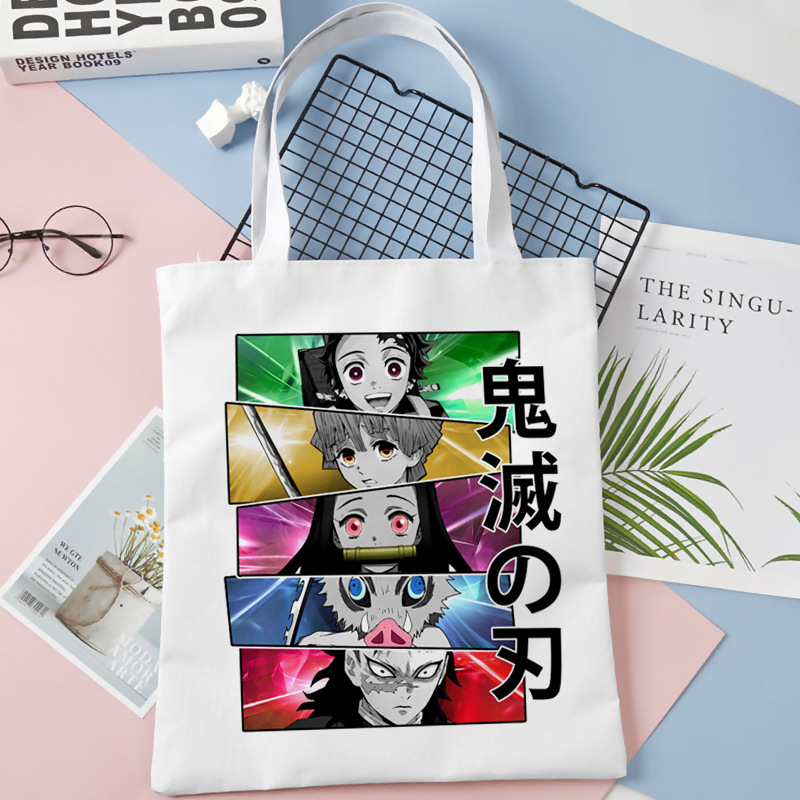 Comercio exterior transfronterizo Demon Slayer impresa bolsa de lona Harjuku bolsa de hombro bolsa de compras portátil de moda para estudiantes