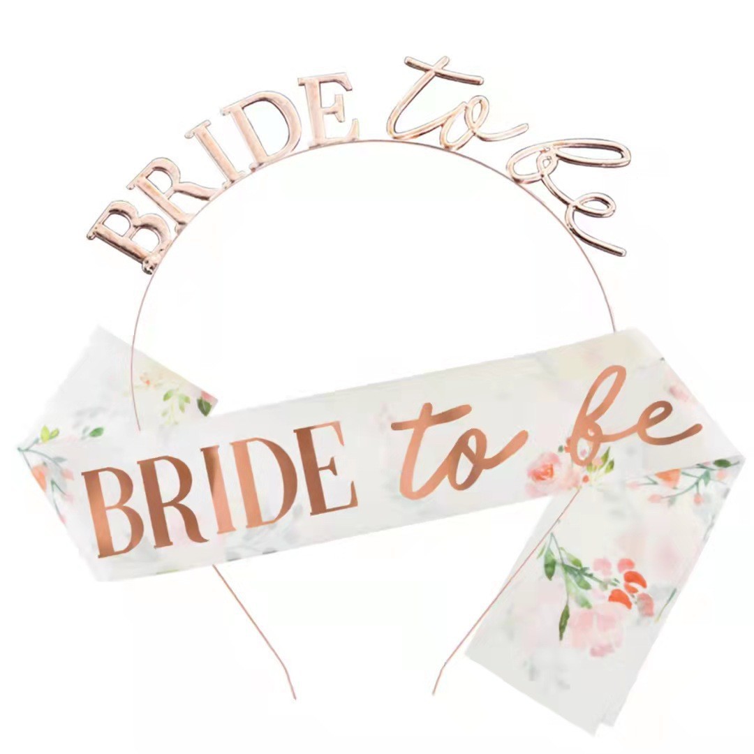 Diadema con cinta de etiqueta con estampado de despedida de soltera, juego de tirantes de flores de oro rosa