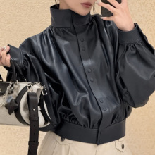 HN5228真皮皮衣秋季新款立领绵羊皮重工打褶收腰长袖宽松显瘦衬衫