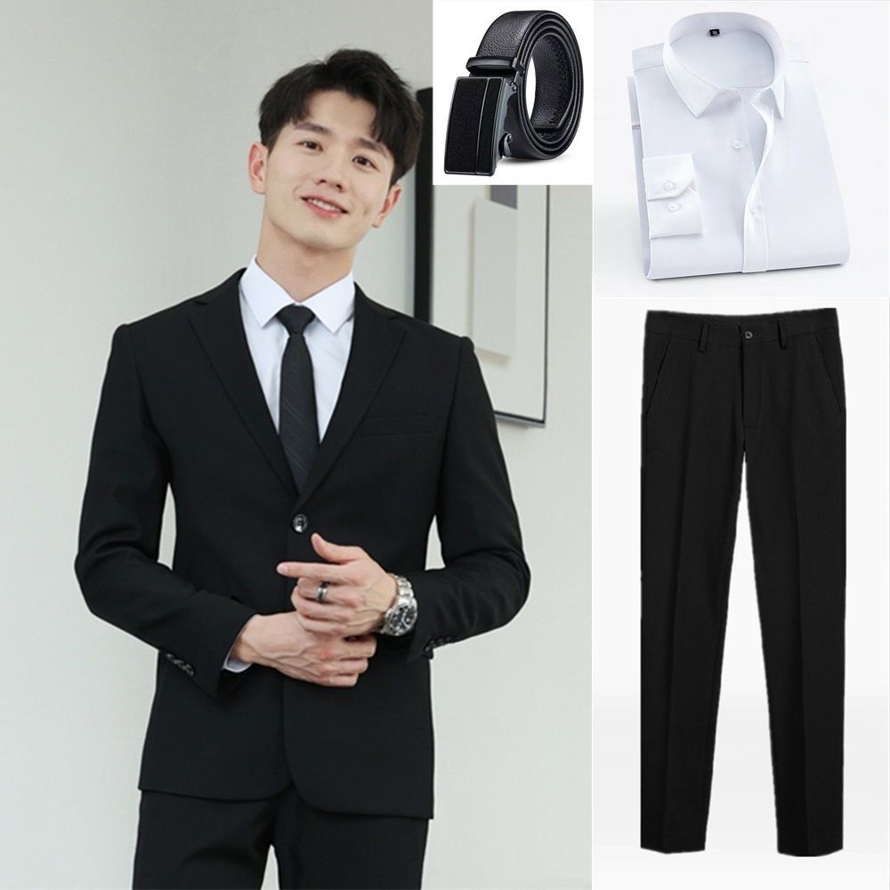 (벨트 추가) 검은색 정장 + 검은색 바지 + 흰색 셔츠와 넥타이