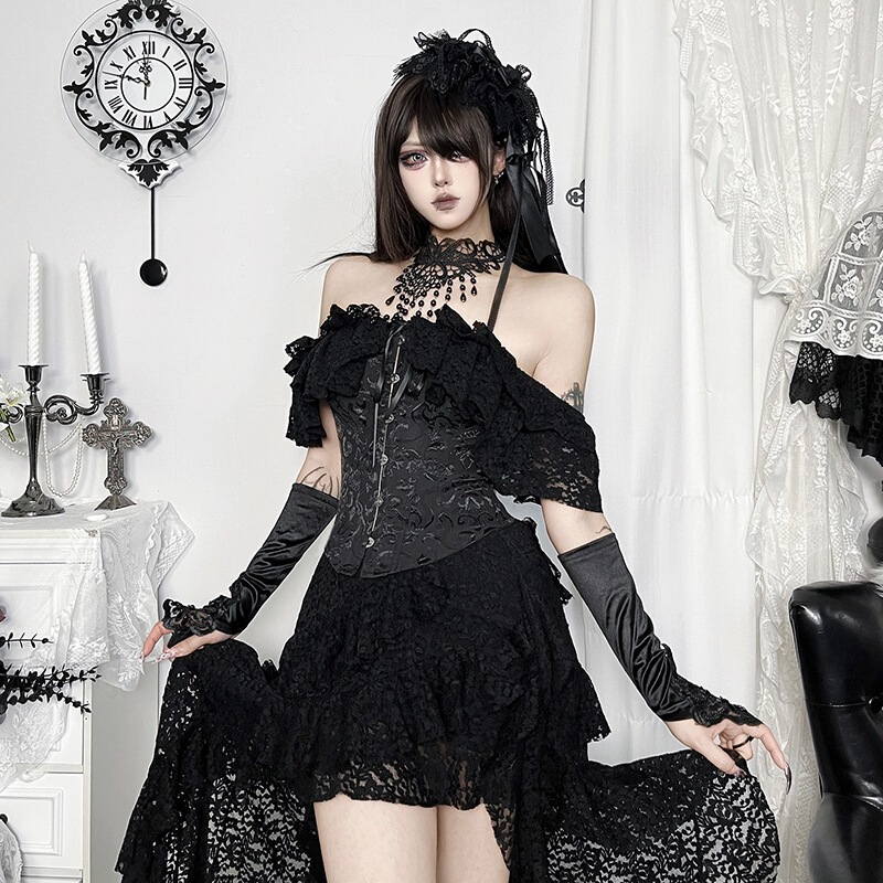 DX26423 Dark Gothic Style Off-Shoulder Corset Top Vintage Jacquard Lace Ruffle Blouse