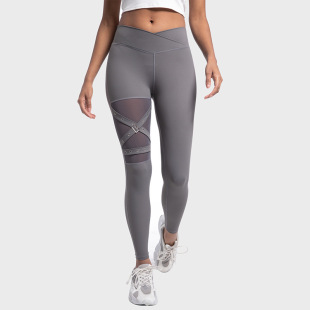 European and American Yoga Pants Leggings Cross Waist Mesh Yoga Clothing Hip Tight Trousers Sports Fitness Running Pants