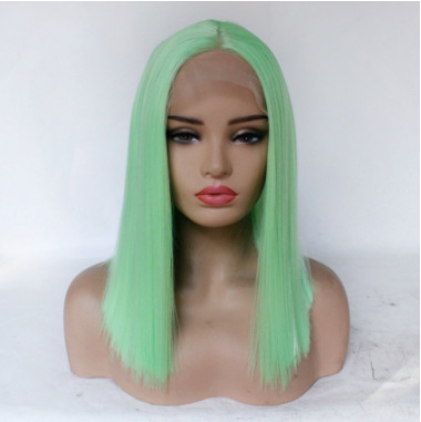 Moda manzana verde medio dividido hombro recto fibra química mitad mano tejida frente encaje completo peluca LW0140