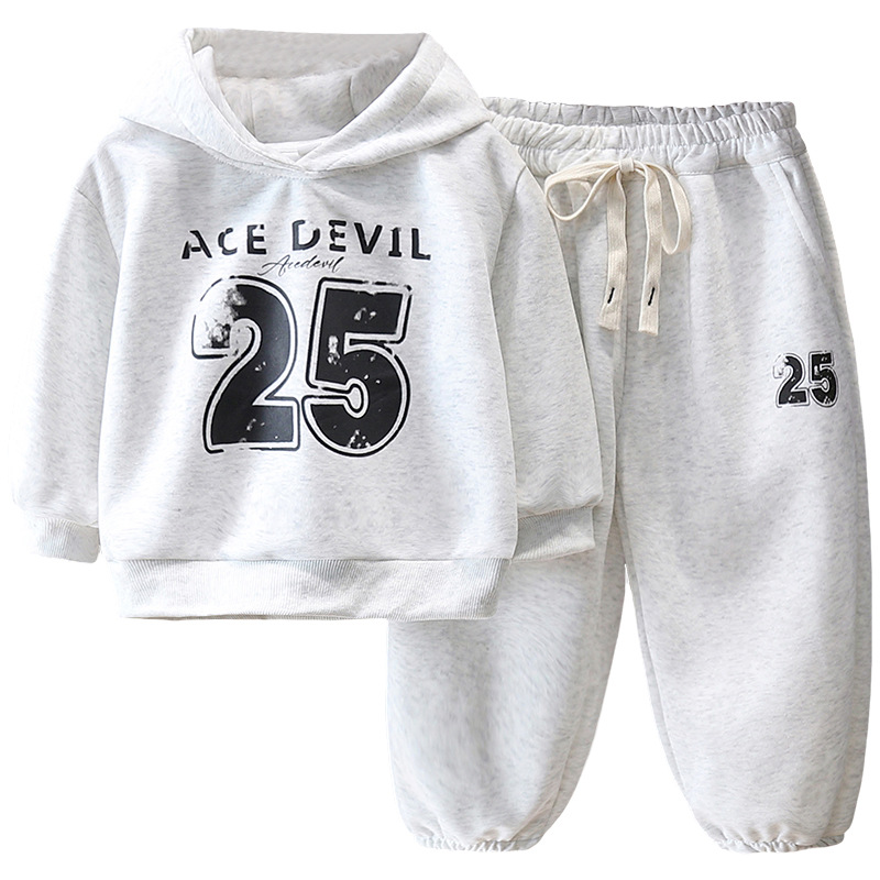 7785 Traje deportivo para niños Primavera y otoño 2025 Nuevo suéter con capucha con estampado de letras para niños Conjunto de dos piezas de primavera