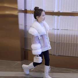 女童加绒加厚皮草外套秋冬季装公主儿童冬装中大童皮衣棉服
