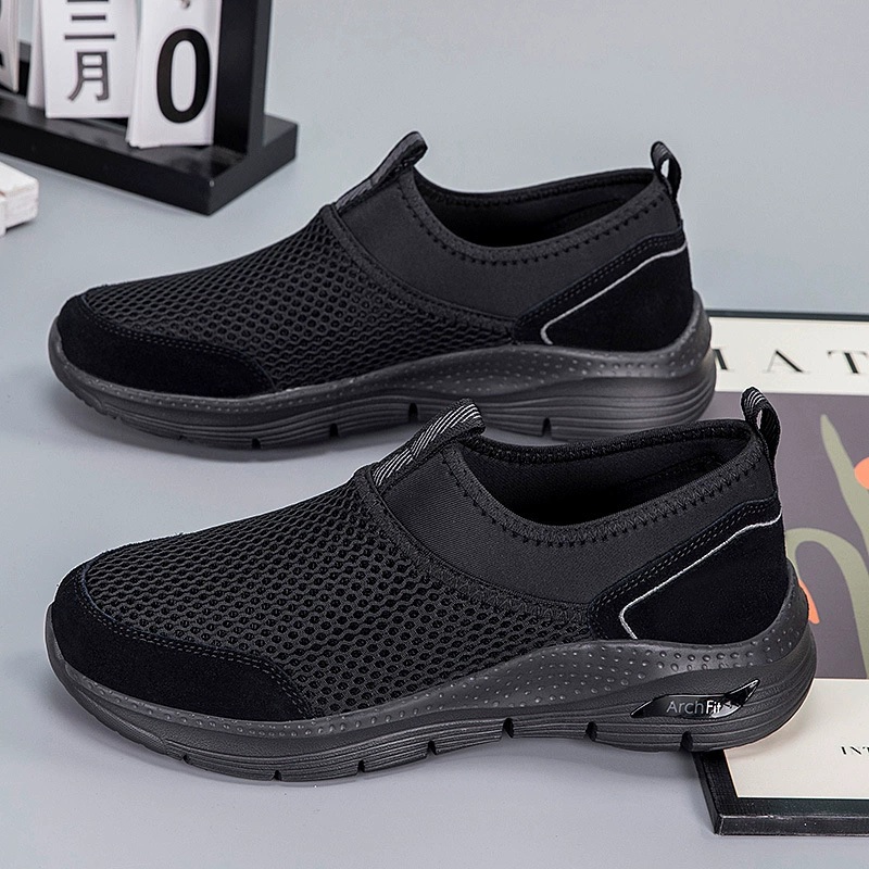 Мужская обувь без шнуровки, летняя дышащая рабочая повседневная обувь с тонкой сеткой, мужские черные прогулочные туфли для папы среднего и пожилого возраста