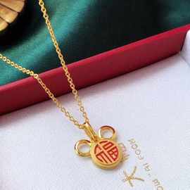 S925银米奇老鼠福牌 转运项链生肖鼠年本命年锁骨链镀24K黄金色