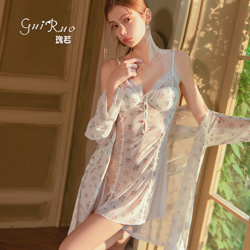 Rose Mesh Printed Lace Splicing Plus Breast Pad See-Through Temptation Suspender Nightgown Outer Robe Home Suit Sl6472