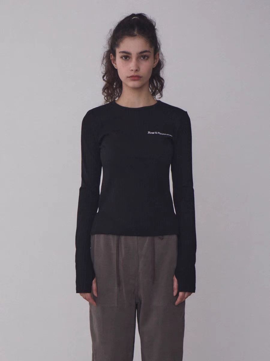 現物韓国restandrecreationアルファベット刺繍丸首長袖tシャツ女性RR修身カーディガン秋