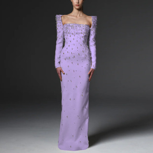 In-Stock European and American Celebrity Fashion Long Dress 2025 New Square Neck Heavy Beaded Rhinestone Long Dress