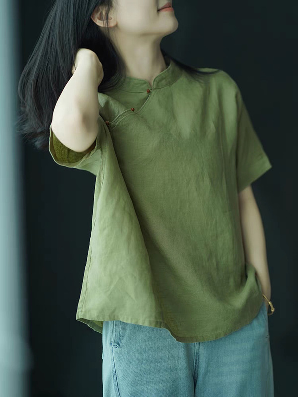 新中式棉麻衬衫女夏季高端亚麻短袖立领小衫复古苎麻禅意茶服上衣|undefined