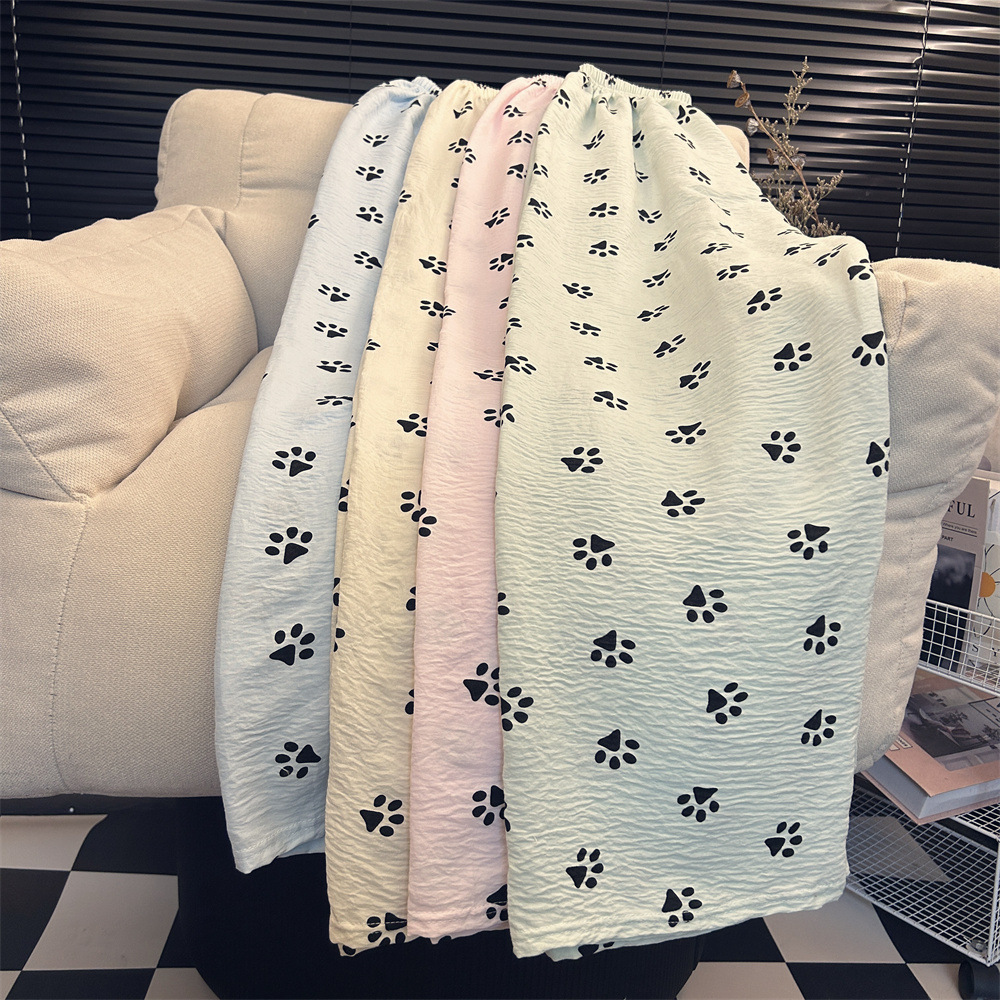 키가 큰 계층화 된 개 발톱 인쇄 파자마 바지 여성용 얇은 사계절 구름 면 느슨한 넓은 다리 바지 홈 바지