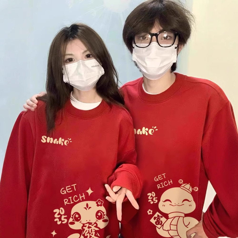 가을과 겨울 기모 크루 넥 스웨터 커플 의류 스네이크 레드 축제 의류 패션 브랜드 클래스 의류 기본 셔츠