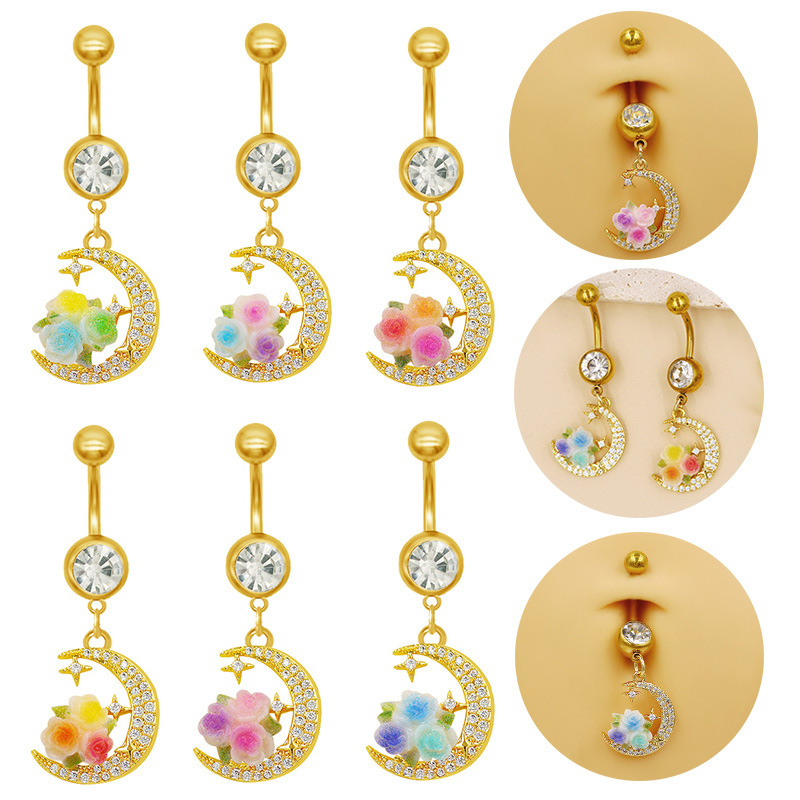 Moon And Rose Design Belly Button Ring For Piercing Jewellery_voghion.com