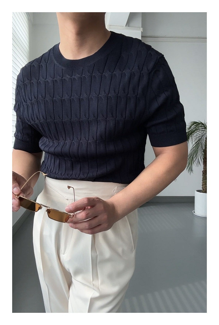 Herren Slim Fit Strick Polohemd Einfarbiges Lässiges Sommeroberteil_voghion.com