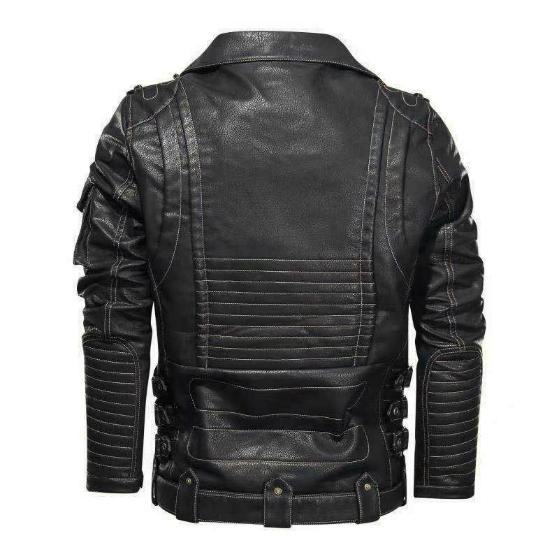 Men's Clothing PU leather jacket multi pocket zipper leather jacket men's autumn and winter punk jacket_voghion.com