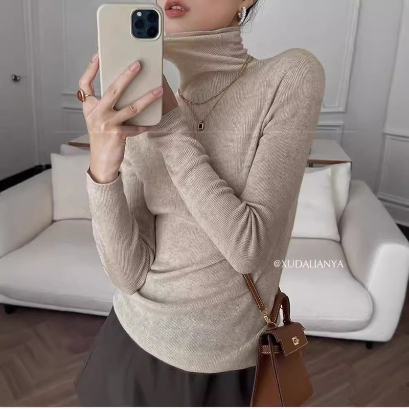 French-Style Niche High-Neck Cashmere Base Sweater for Women, Slim-Fit, Fine-Spun Wool, Thin Knitwear