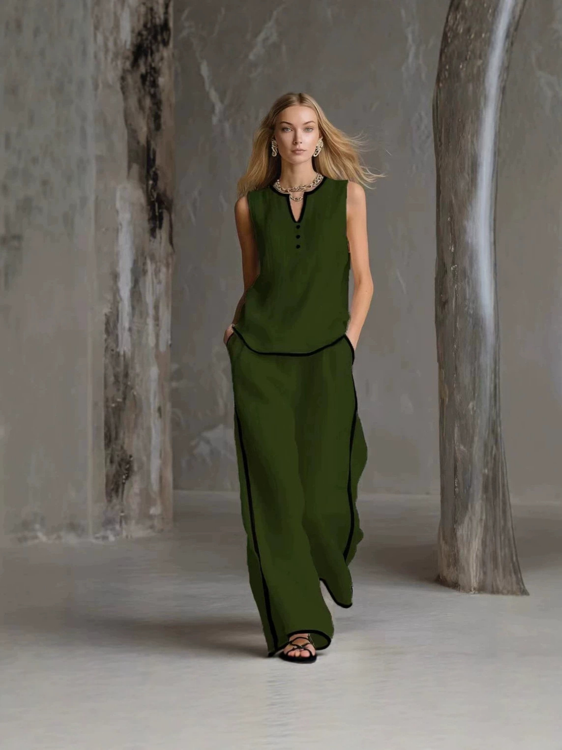 Summer Women's Sleeveless V Neck Color Block Wide Leg Pants Set Style Casual Fashion Solid Two Piece_ecoleips.com