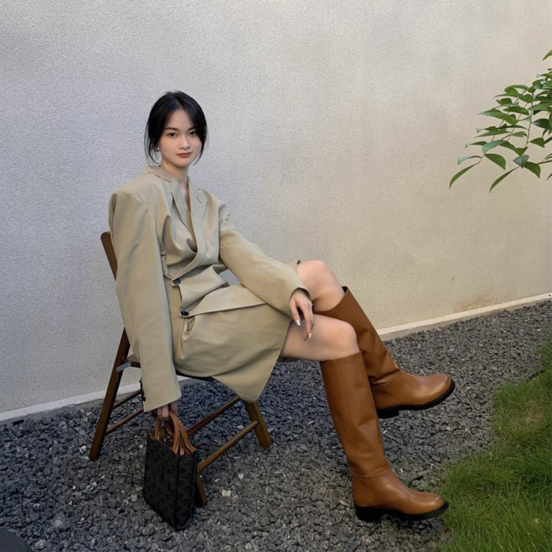 牛皮版~东大门复古长靴女2025新款真皮百搭显瘦显高筒韩版骑士靴|undefined