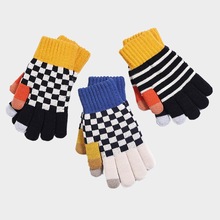 加绒加厚触屏棋盘格手套女秋冬季可爱保暖毛线针织男骑行防寒学生