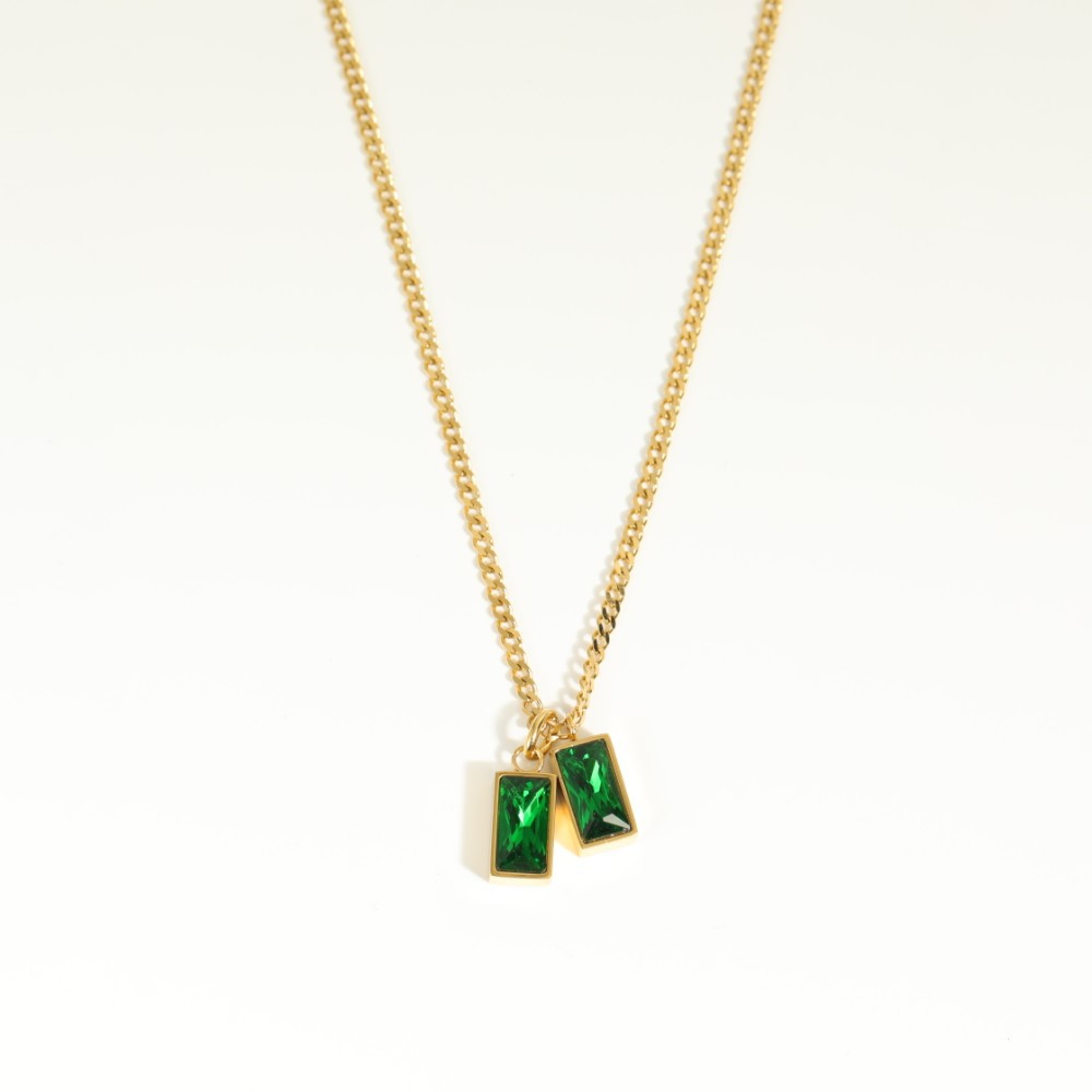 Fashion Small Emerald Double Zircon Clavicle Chain Titanium Steel 18K Gold Plating Necklace