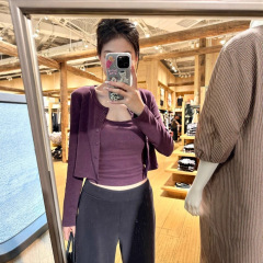 韩系辣妹紫色吊带背心开衫女春秋2025短款修身内搭长袖上衣两件套