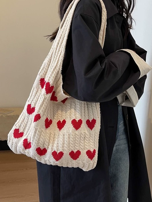 Knitted One-Shoulder Bag, Polyester, Lightweight Casual Tote 36×30×1 cm