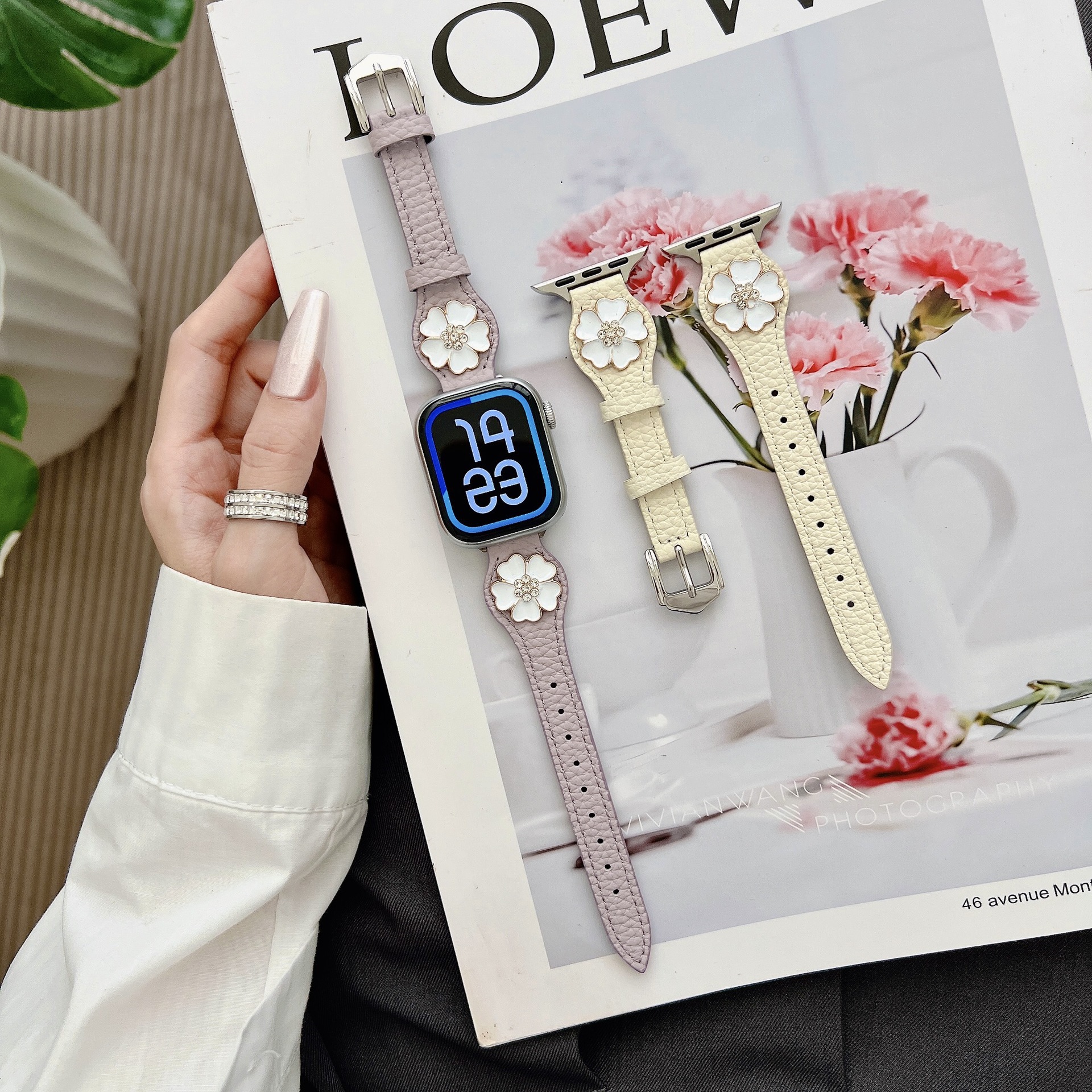 Five-Petal Flower Pebbled Leather Strap Suitable for Apple 1-10 Watch Strap Women's Fit3 Huawei 1098 Xiaomi 1098