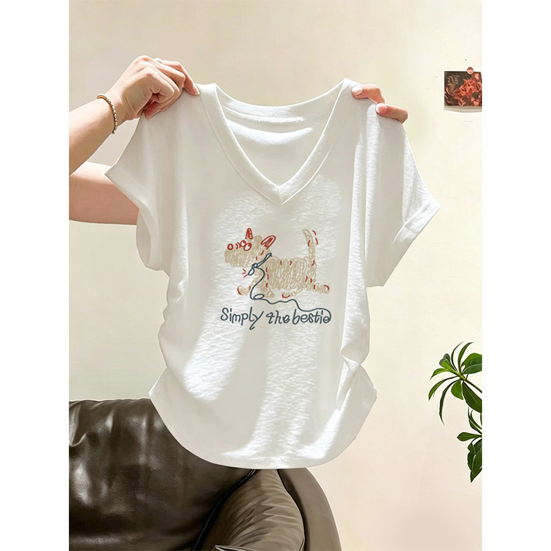 2026 Summer New Design Niche Style Waist-Cinching Slimming White V-Neck Regular Shoulder Pure Cotton Short-Sleeve T-Shirt Women's Top