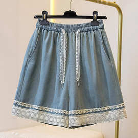 蕾丝边刺绣抽绳浅蓝色牛仔中裤女2025夏新款大码胖mm松紧腰五分裤
