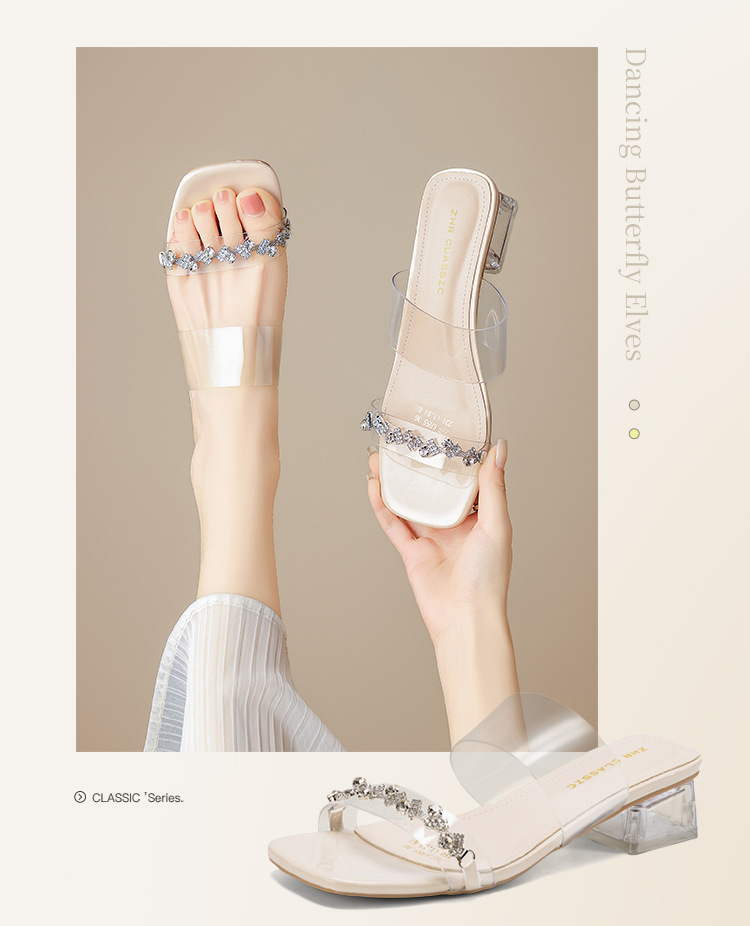 Sandal cao gót nữ đính đá quai ngang mũi hở đế mềm — KH55 Màu be chi tiết 3