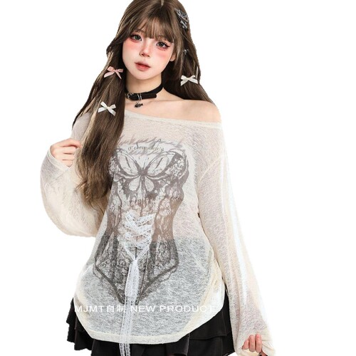 Summer pure desire graffiti hot girl printed blouse, long-sleeved sunscreen design, loose lazy shirt, women's new blouse, hot fashion