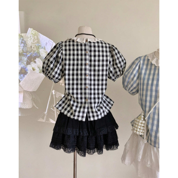 Blue colored summer design lace shirt with a round collar